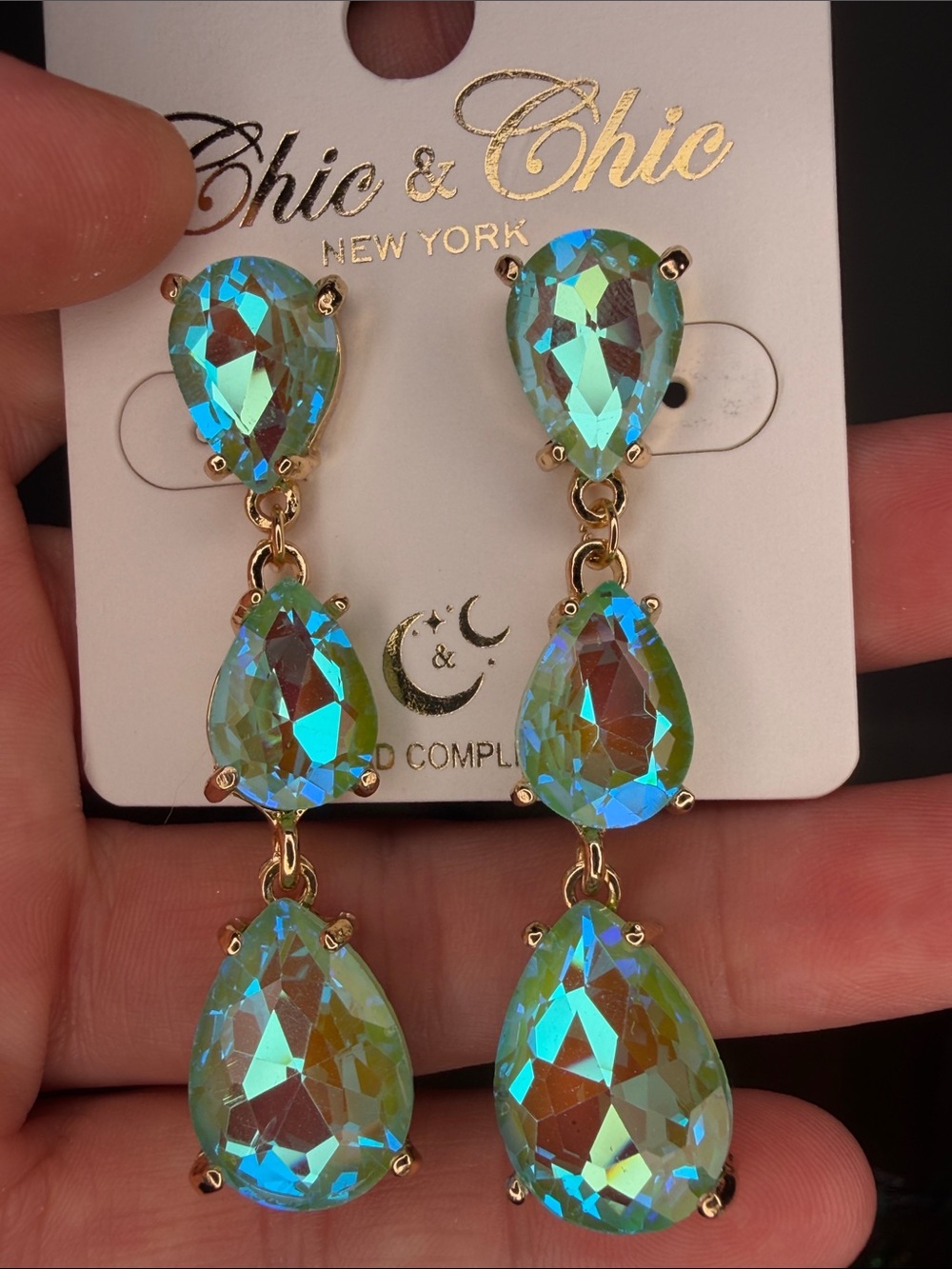 Gold Teardrop Aurora Crystal Drop Earrings - Green/Blue